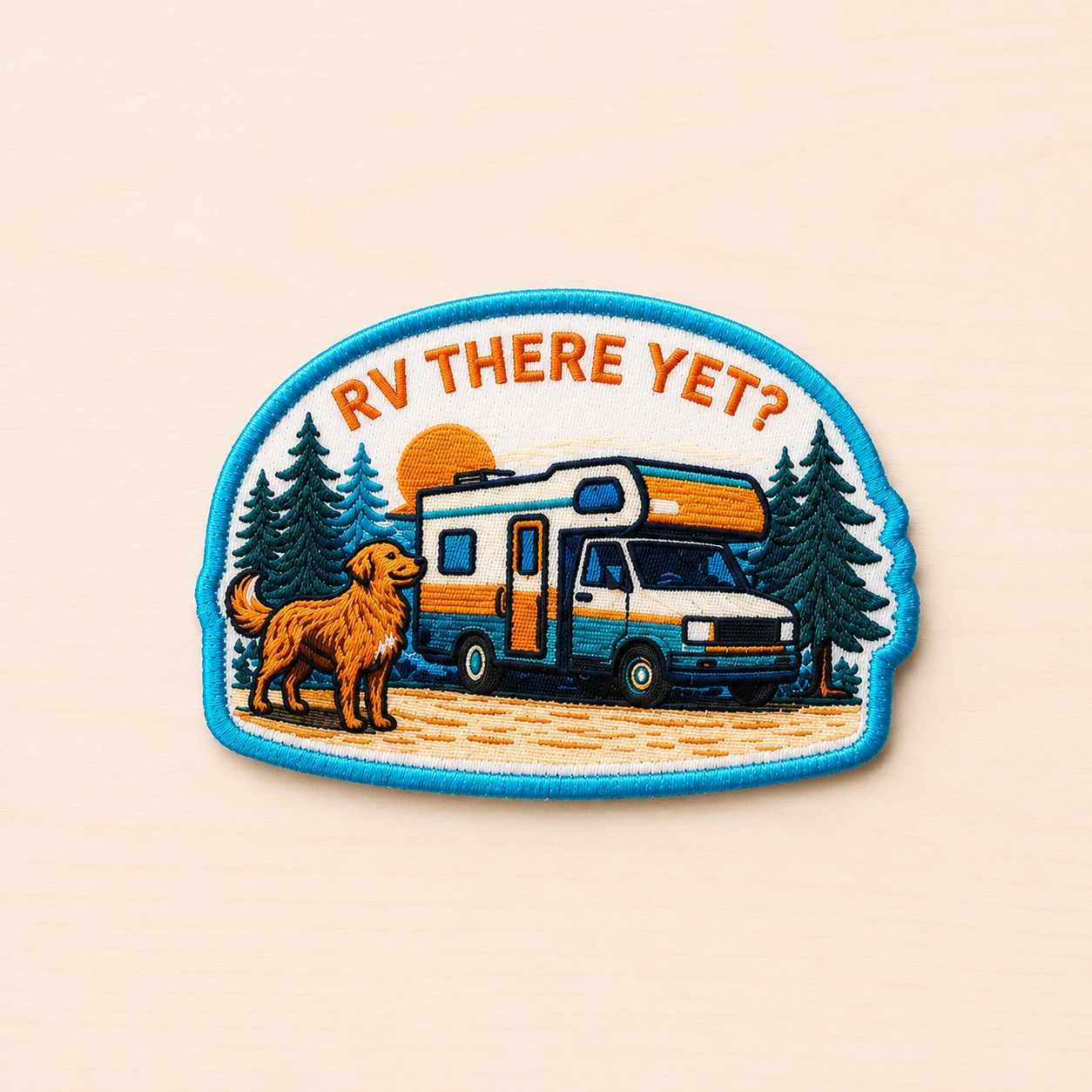 Retro-style embroidered iron-on patch featuring a golden retriever standing beside a camper RV in the forest with sunset colors and “RV There Yet?” text on a light wood background.