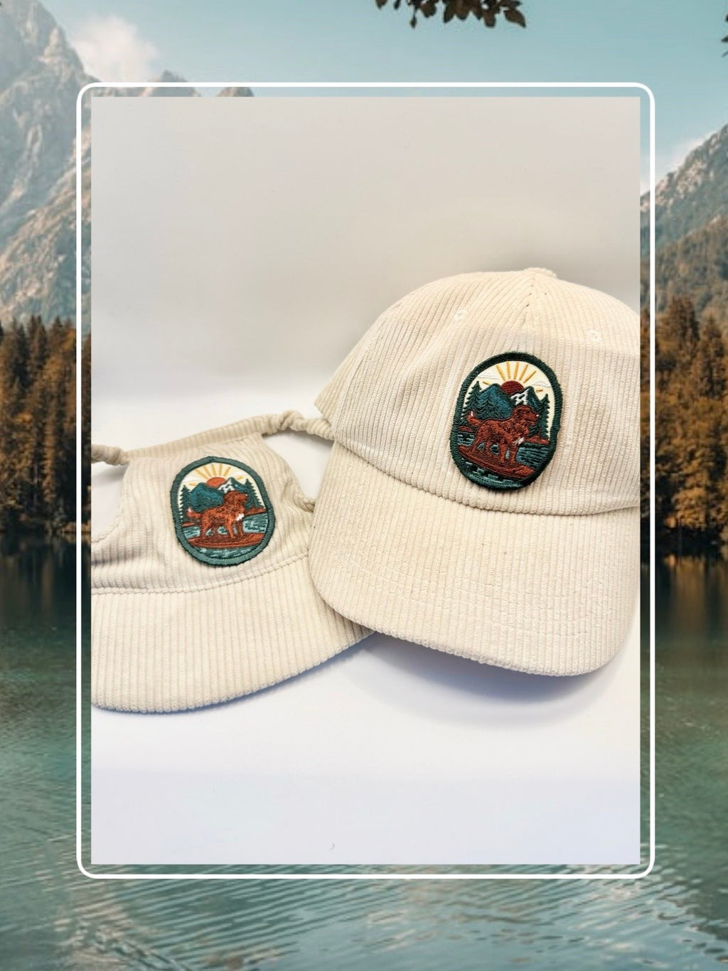 Cream corduroy human and dog hat set featuring the Kodiak adventure paddleboard iron on patch with a golden retriever, mountains, sun, and water.