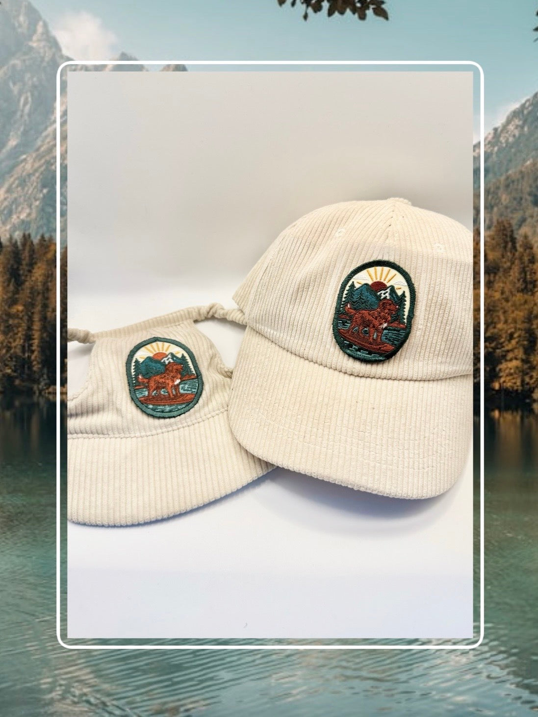 Cream corduroy human and dog hat set featuring the Kodiak adventure paddleboard iron on patch with a golden retriever, mountains, sun, and water.
