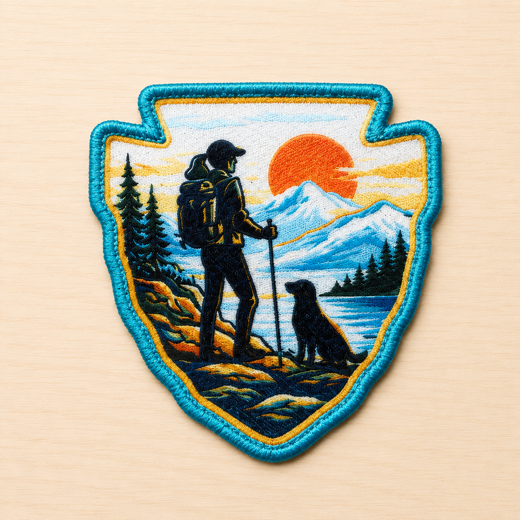 Arrowhead shaped embroidered iron-on patch featuring a hiker with trekking poles and a dog overlooking a mountain lake at sunset, with pine trees and snow-capped peaks in blue, orange, and teal tones on a light wood background.