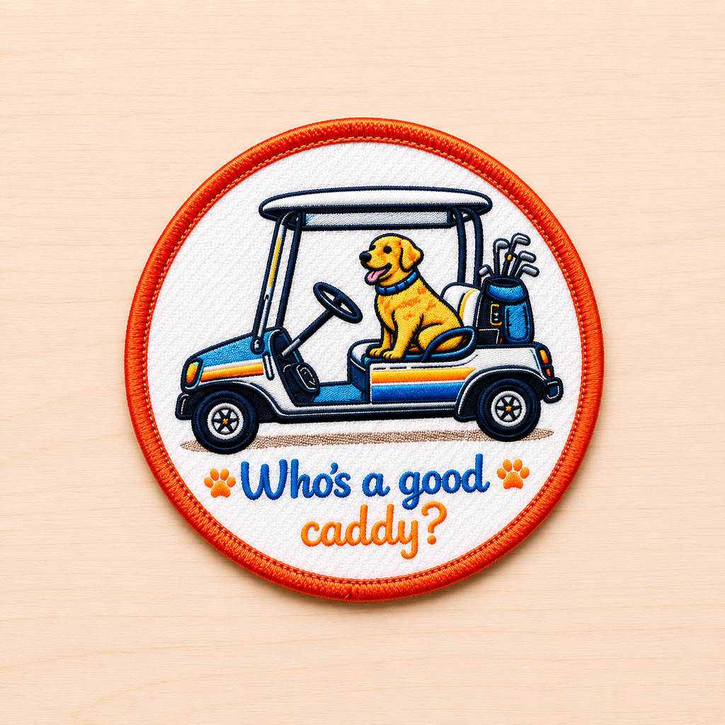Round embroidered golf-themed iron-on patch featuring a golden retriever riding in a golf cart with golf clubs and “Who’s a good caddy?” text in blue and orange lettering on a light wood background.