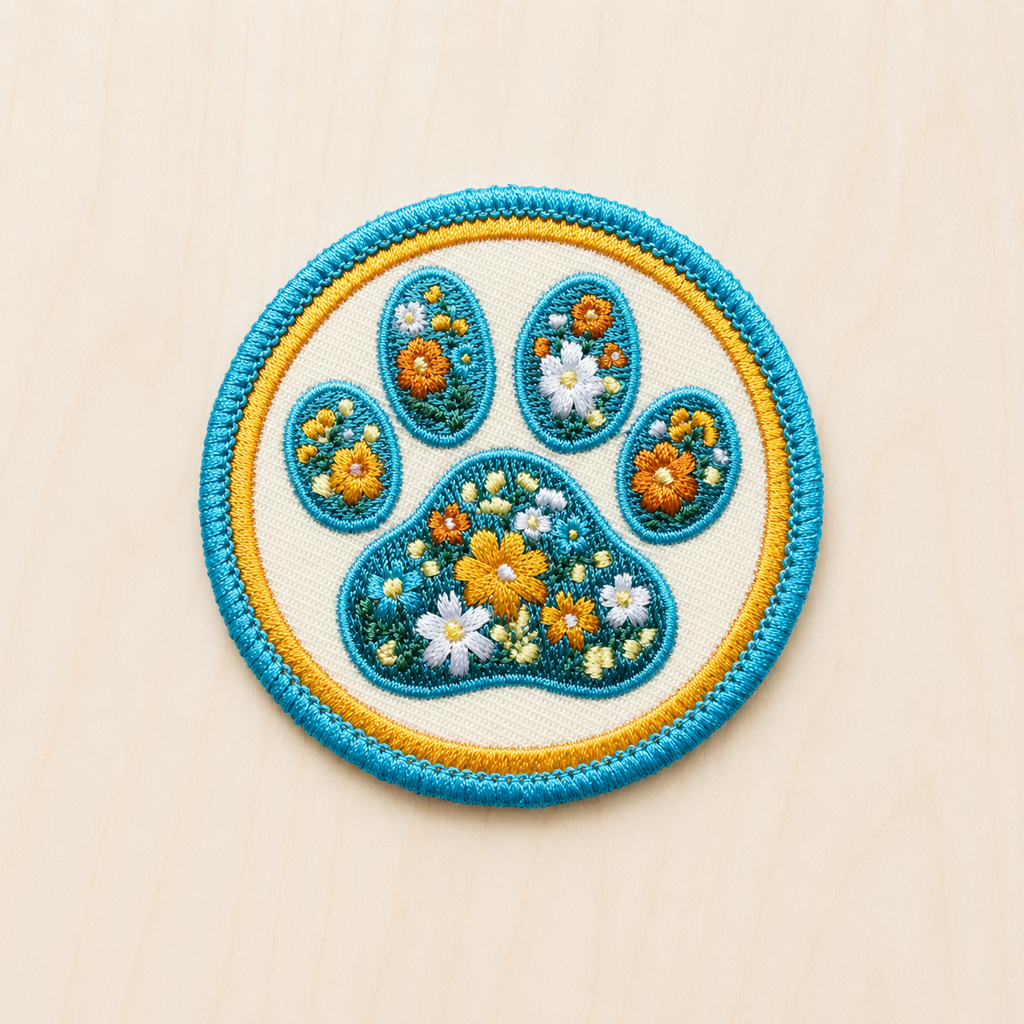 Circular embroidered iron-on patch featuring a floral paw print filled with yellow, white, and blue wildflowers outlined in turquoise and gold on a light wood background.