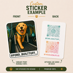 Die-cut golden retriever vinyl sticker featuring a smiling dog running on a treadmill with gym-inspired fitness artwork and custom Instagram branding.