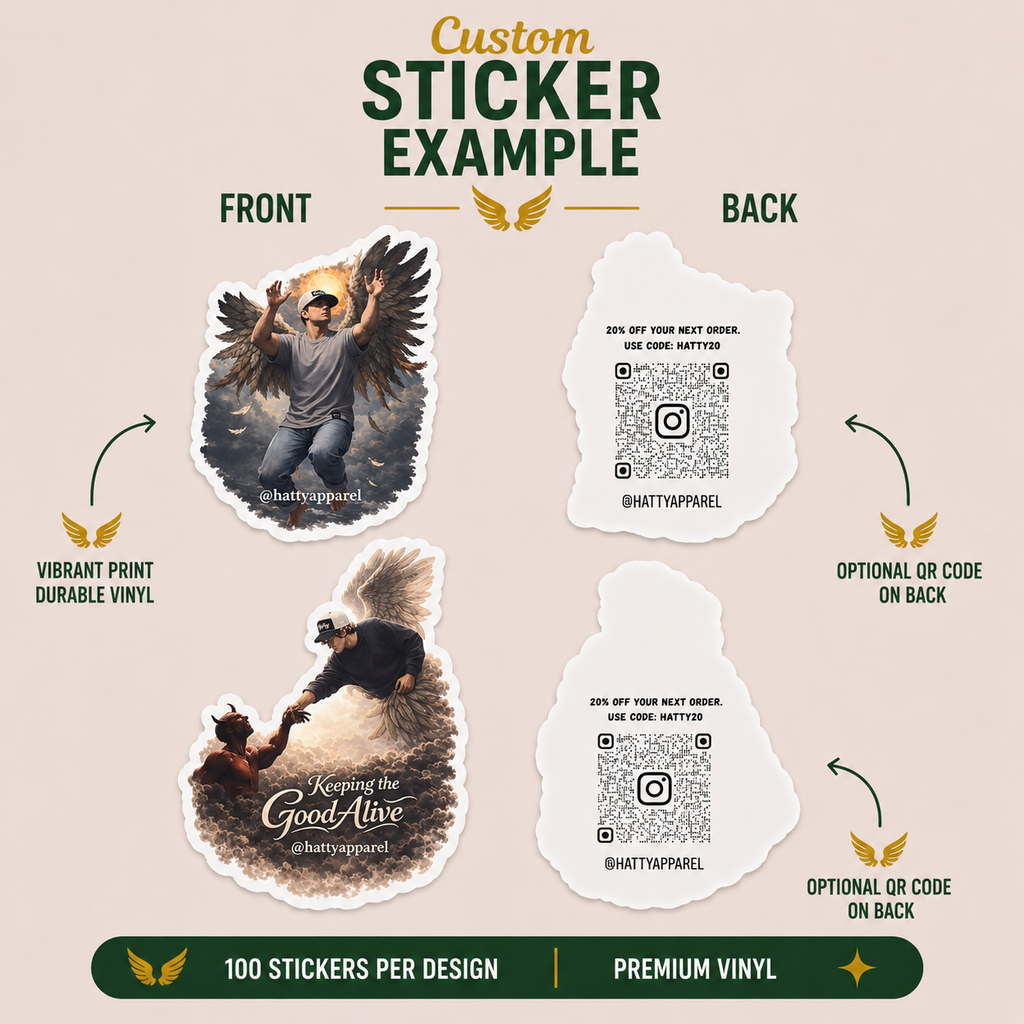 Angel-themed sticker bundle featuring Hatty Apparel artwork with front and back views, angel-inspired die-cut vinyl stickers, Instagram QR code backing, premium durable sticker prints, and artistic apparel branding mockup with heavenly aesthetic designs.
