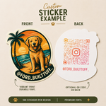 Die-cut golden retriever vinyl sticker with tropical beach scenery, palm tree artwork, sunset ocean background, and retro coastal design.