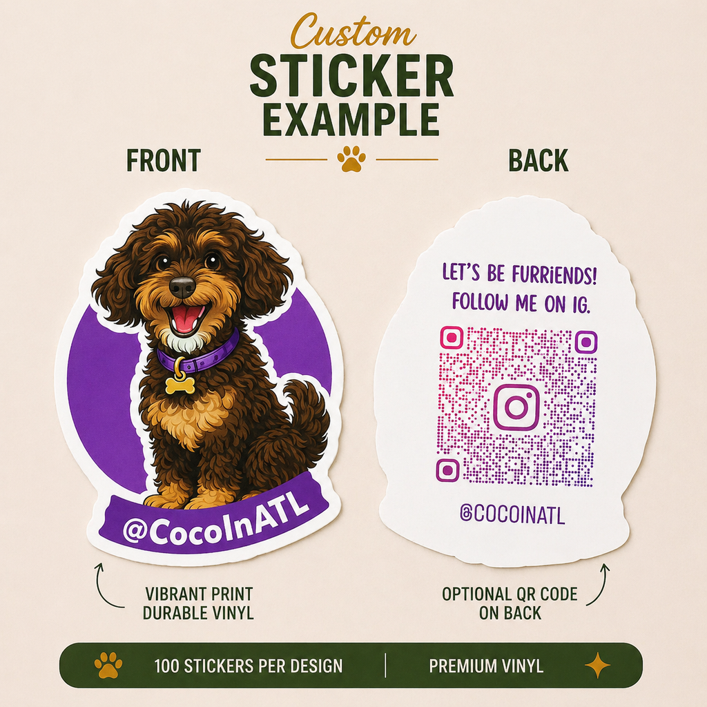 Die-cut doodle dog vinyl sticker featuring cartoon puppy artwork, colorful purple background, and custom social media branding design.