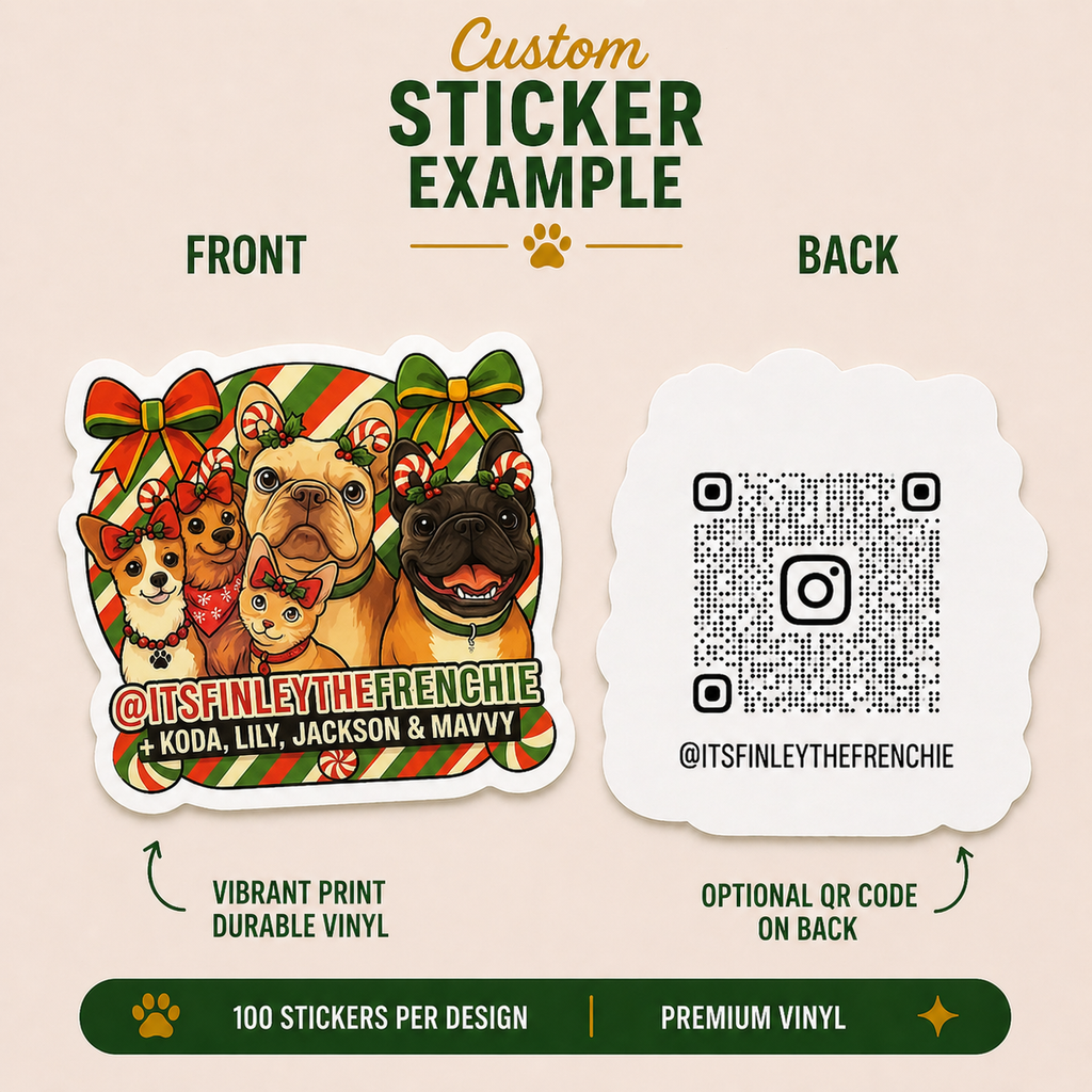 Festive vinyl sticker featuring multiple pets in Christmas-themed accessories with candy cane graphics, bows, and colorful holiday artwork.