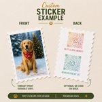 Christmas-themed golden retriever vinyl sticker designed like a postage stamp with winter scenery, holiday decorations, and festive dog photography.