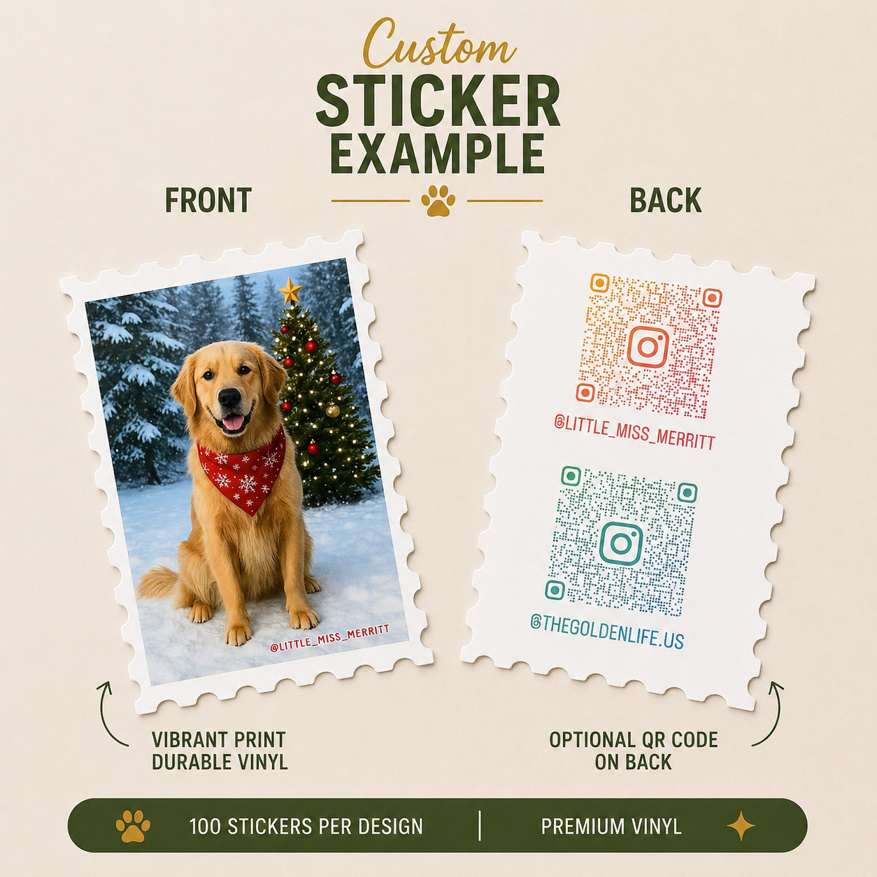 Christmas-themed golden retriever vinyl sticker designed like a postage stamp with winter scenery, holiday decorations, and festive dog photography.