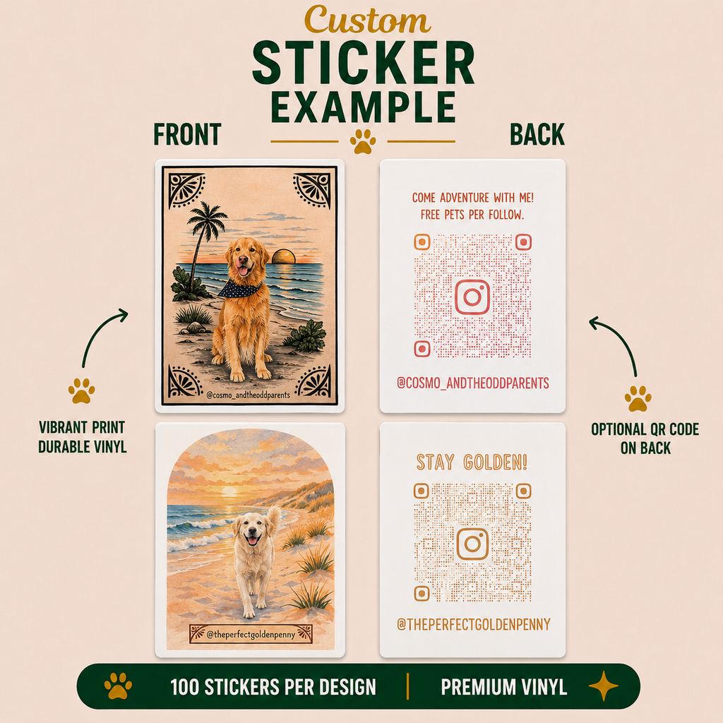 Custom coastal golden retriever vinyl sticker examples featuring beach sunset artwork, tropical ocean scenery, aesthetic pet illustrations, Instagram QR codes, and front-and-back branding sticker designs.