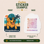 Die-cut golden retriever vinyl sticker with tropical beach background, palm tree illustration, sunglasses, and retro coastal lifestyle design.