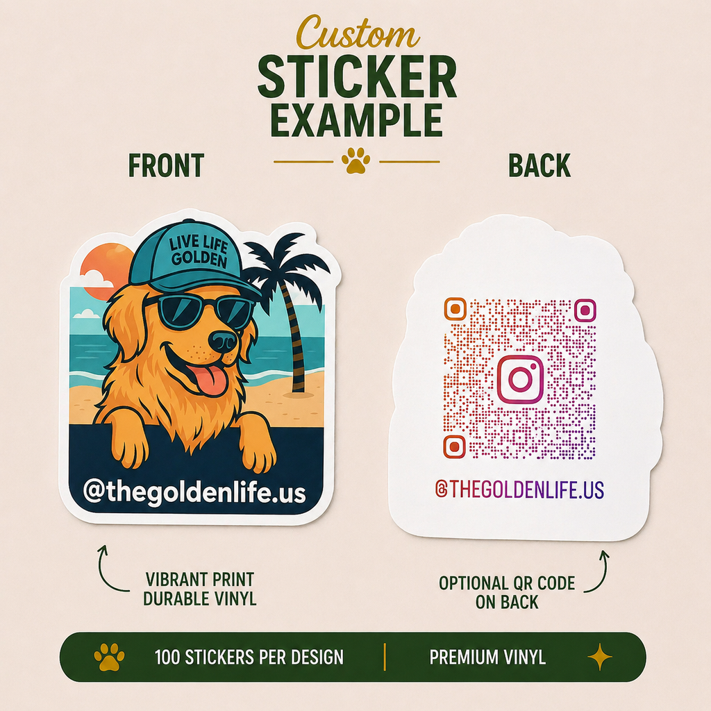 Die-cut golden retriever vinyl sticker with tropical beach background, palm tree illustration, sunglasses, and retro coastal lifestyle design.