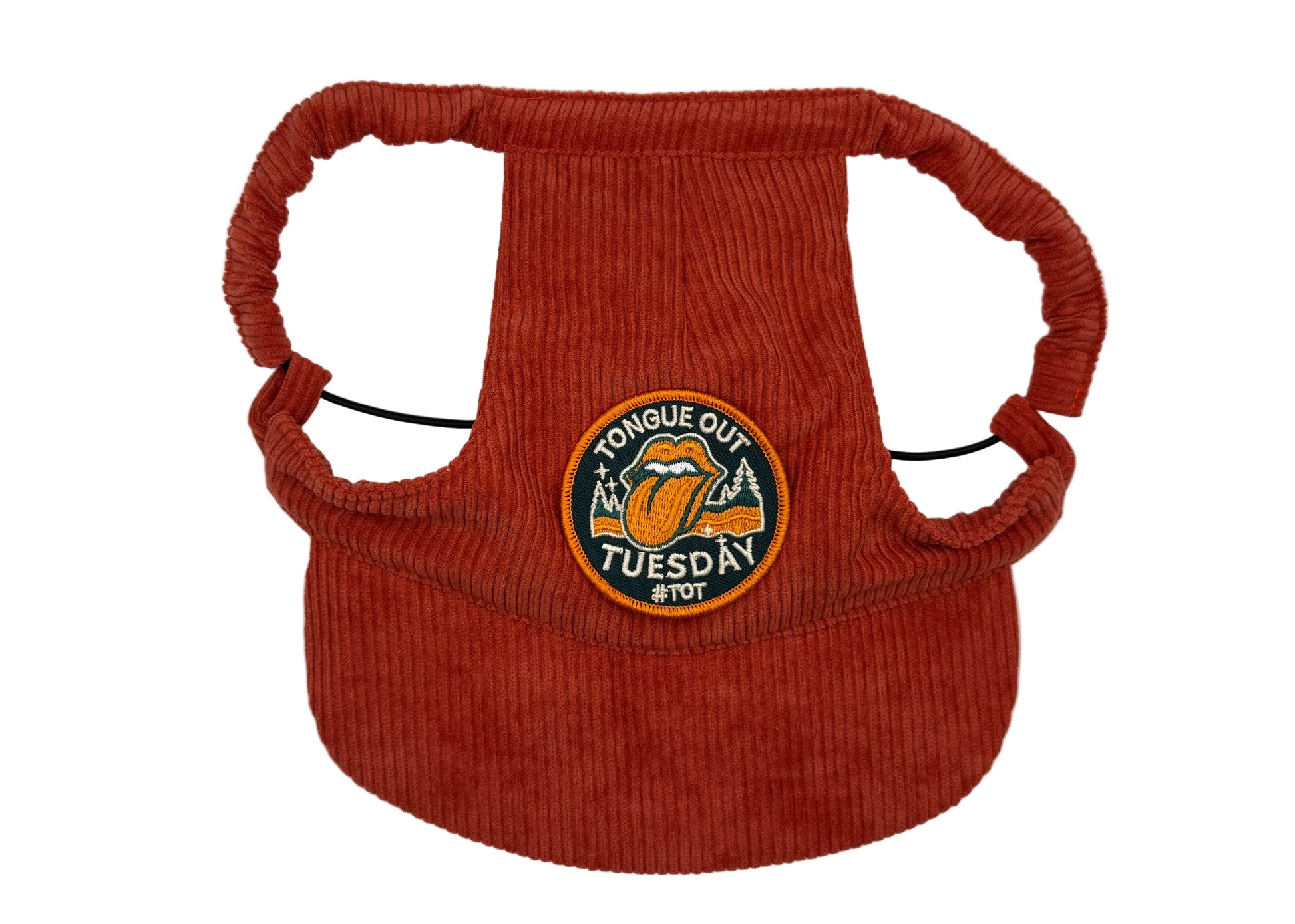 Rust-red corduroy dog hat featuring a playful “Tongue Out Tuesday” #TOT patch — designed with adjustable straps, a curved brim, and soft corduroy texture from The Golden Life Golden Gala collection.