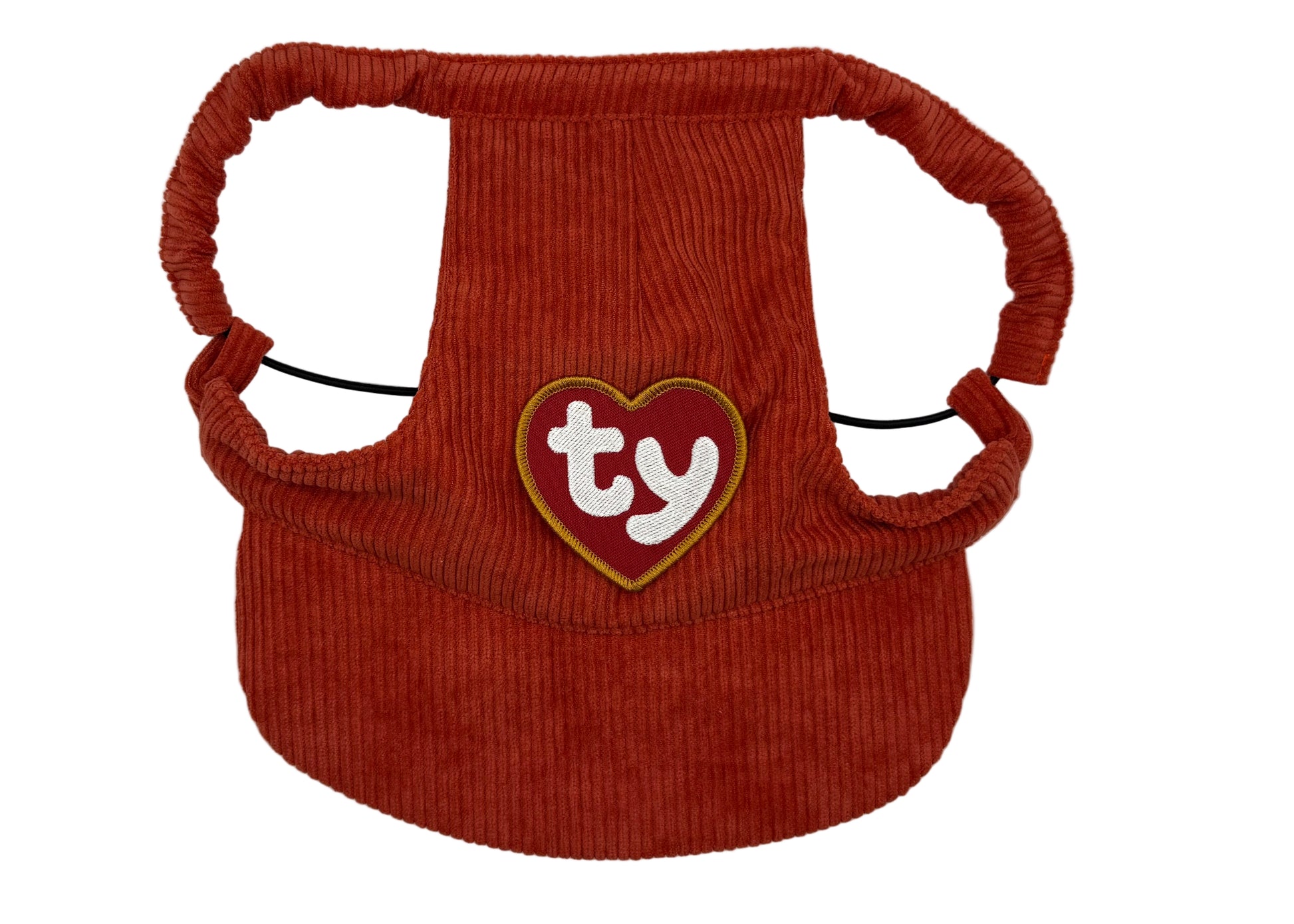 Rust orange corduroy dog hat featuring a red heart patch with white “TY” lettering and gold border, inspired by classic tag designs — part of The Golden Life patch collection.