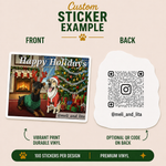 Christmas pet sticker featuring two dogs in holiday costumes, decorated Christmas tree, fireplace scene, and durable die-cut vinyl finish.