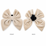 Cream velvet dog bow in sugar cookie color showing front and back on a white background
