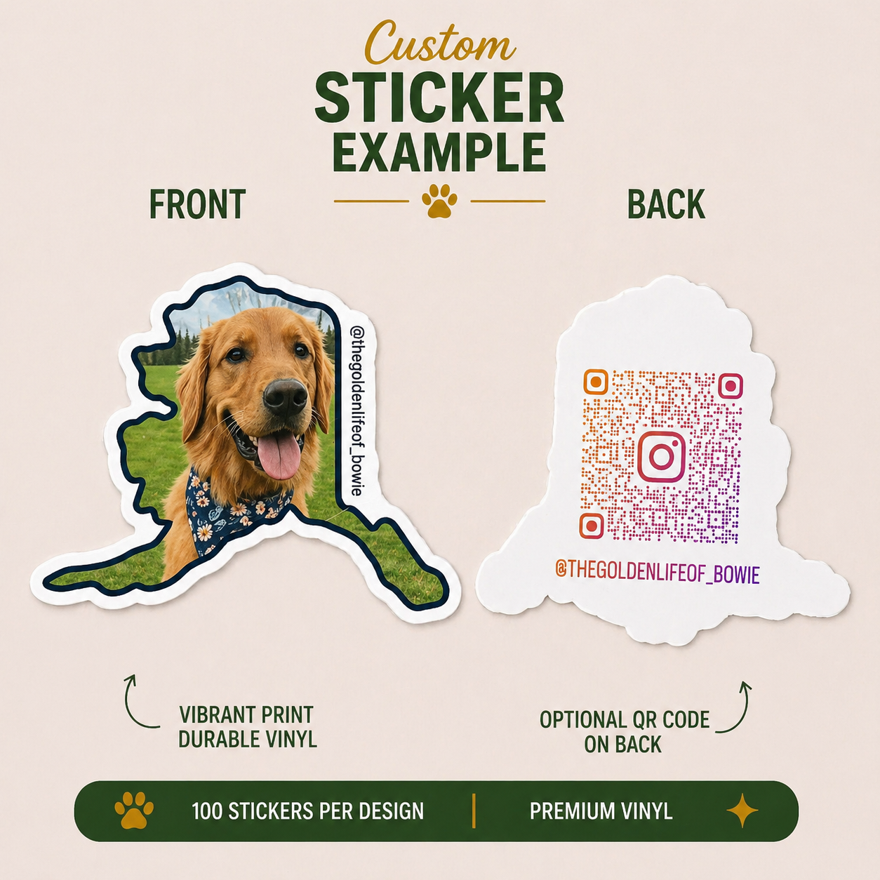 Die-cut Alaska state outline sticker featuring a smiling golden retriever wearing a patterned bandana with custom Instagram branding.
