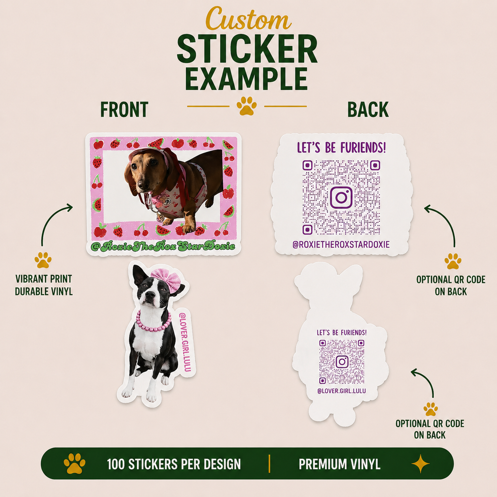 Custom dog sticker bundle featuring Roxie The Rox Star Doxie and Lover Girl Lulu with front and back views, pink-themed die-cut vinyl stickers, Instagram QR code backing, premium durable pet sticker designs, and custom social media branding mockup.