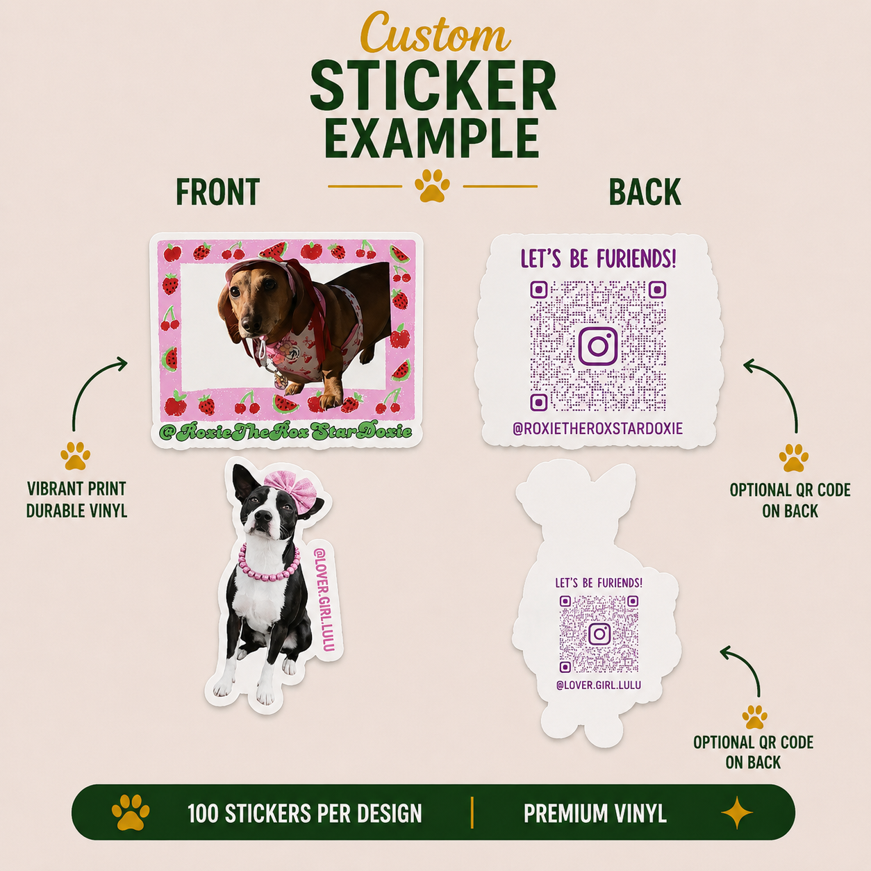 Custom dog sticker bundle featuring Roxie The Rox Star Doxie and Lover Girl Lulu with front and back views, pink-themed die-cut vinyl stickers, Instagram QR code backing, premium durable pet sticker designs, and custom social media branding mockup.