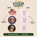 Custom vinyl dog sticker examples featuring illustrated pet designs with matching QR code backs, including die-cut and circular sticker styles for Instagram promotion and personalized pet branding.
