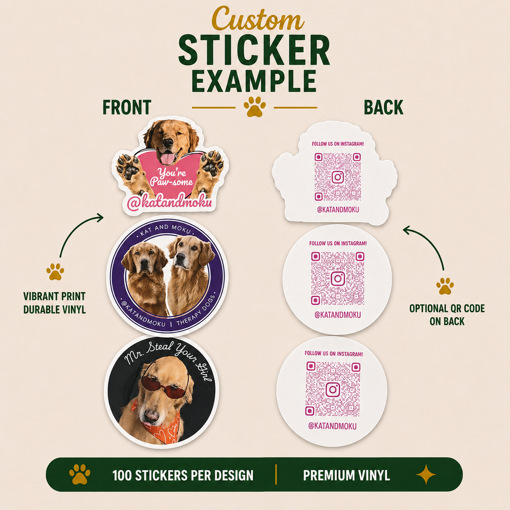 Custom vinyl dog sticker examples featuring illustrated pet designs with matching QR code backs, including die-cut and circular sticker styles for Instagram promotion and personalized pet branding.