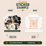 Custom dog sticker example featuring Boxcar Doodles & Poodles with front and back views, group dog portrait design, custom die-cut vinyl sticker, Instagram QR code backing, and premium durable sticker print mockup.