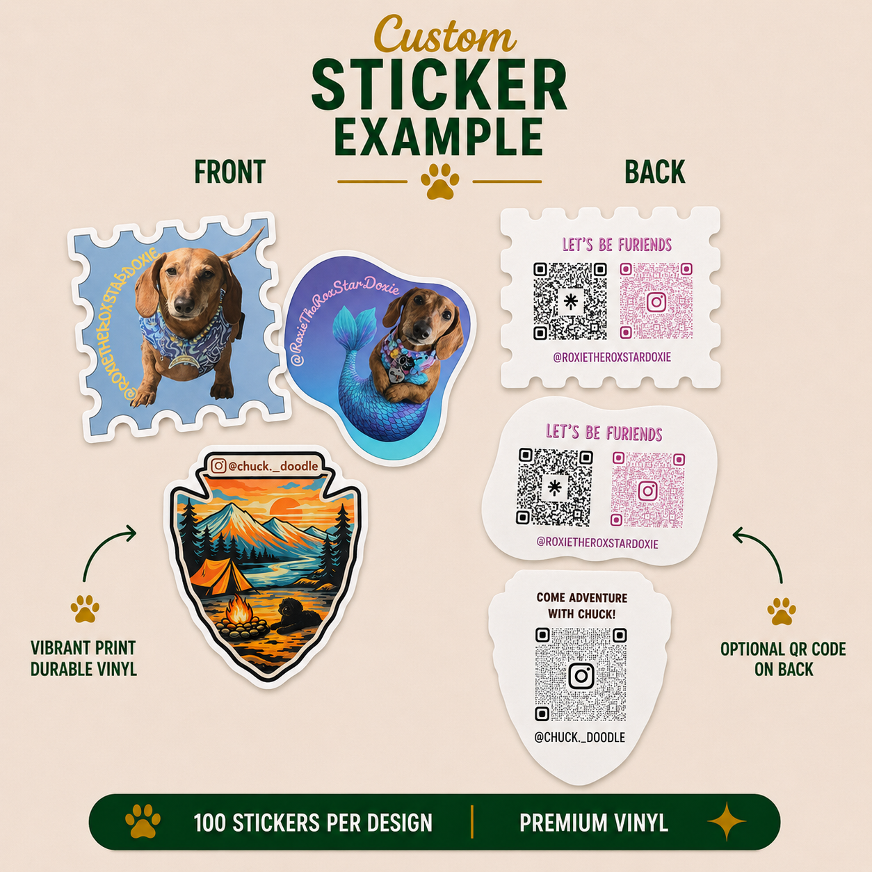 Custom vinyl dog sticker examples featuring front and back designs with QR codes, social media branding, retro camping artwork, and dachshund pet stickers by The Golden Life.