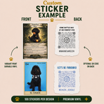 Custom dog trading card vinyl sticker examples featuring collectible card-inspired doodle dog artwork, parody pet card designs, Instagram QR codes, and front-and-back branding stickers for pet accounts.
