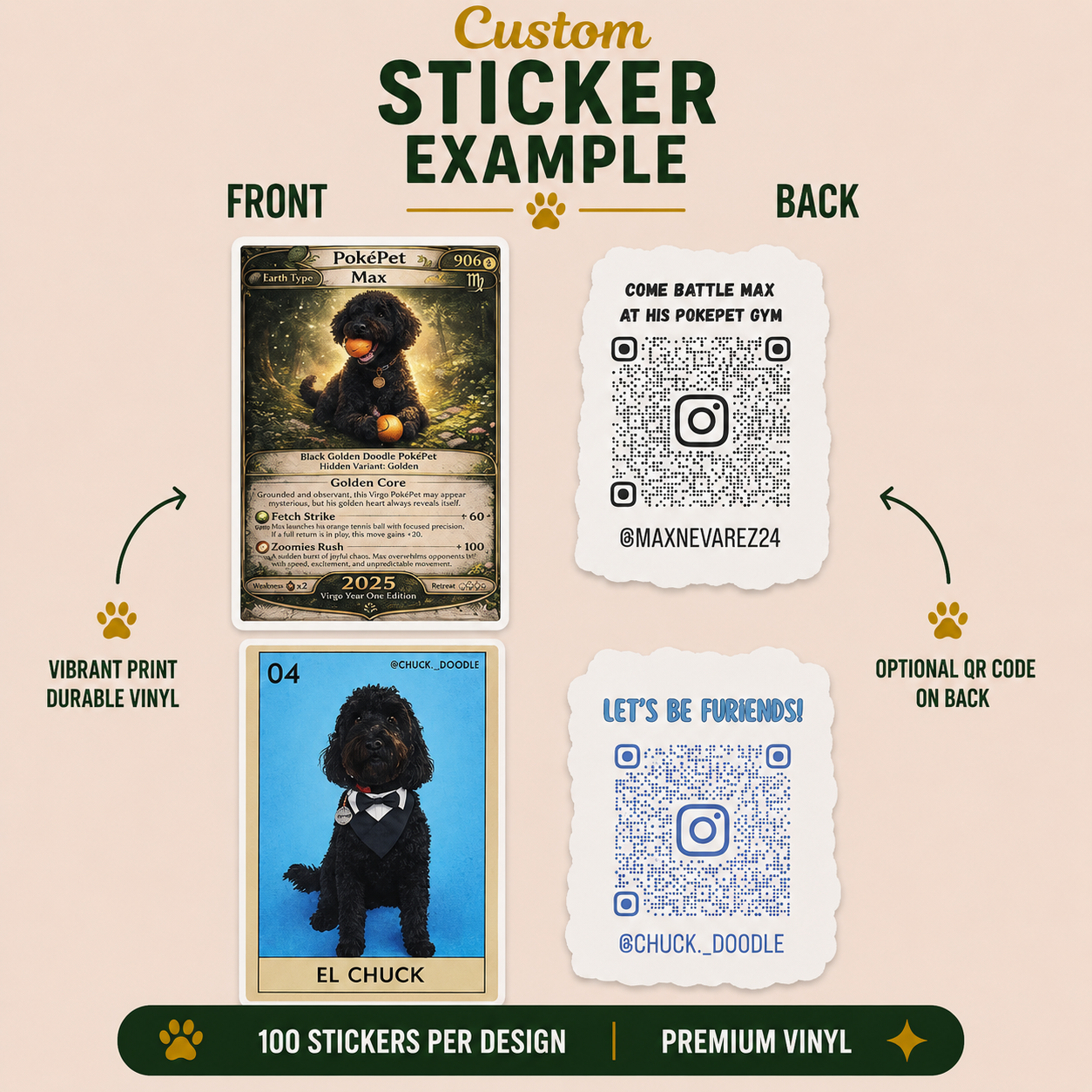 Custom dog trading card vinyl sticker examples featuring collectible card-inspired doodle dog artwork, parody pet card designs, Instagram QR codes, and front-and-back branding stickers for pet accounts.