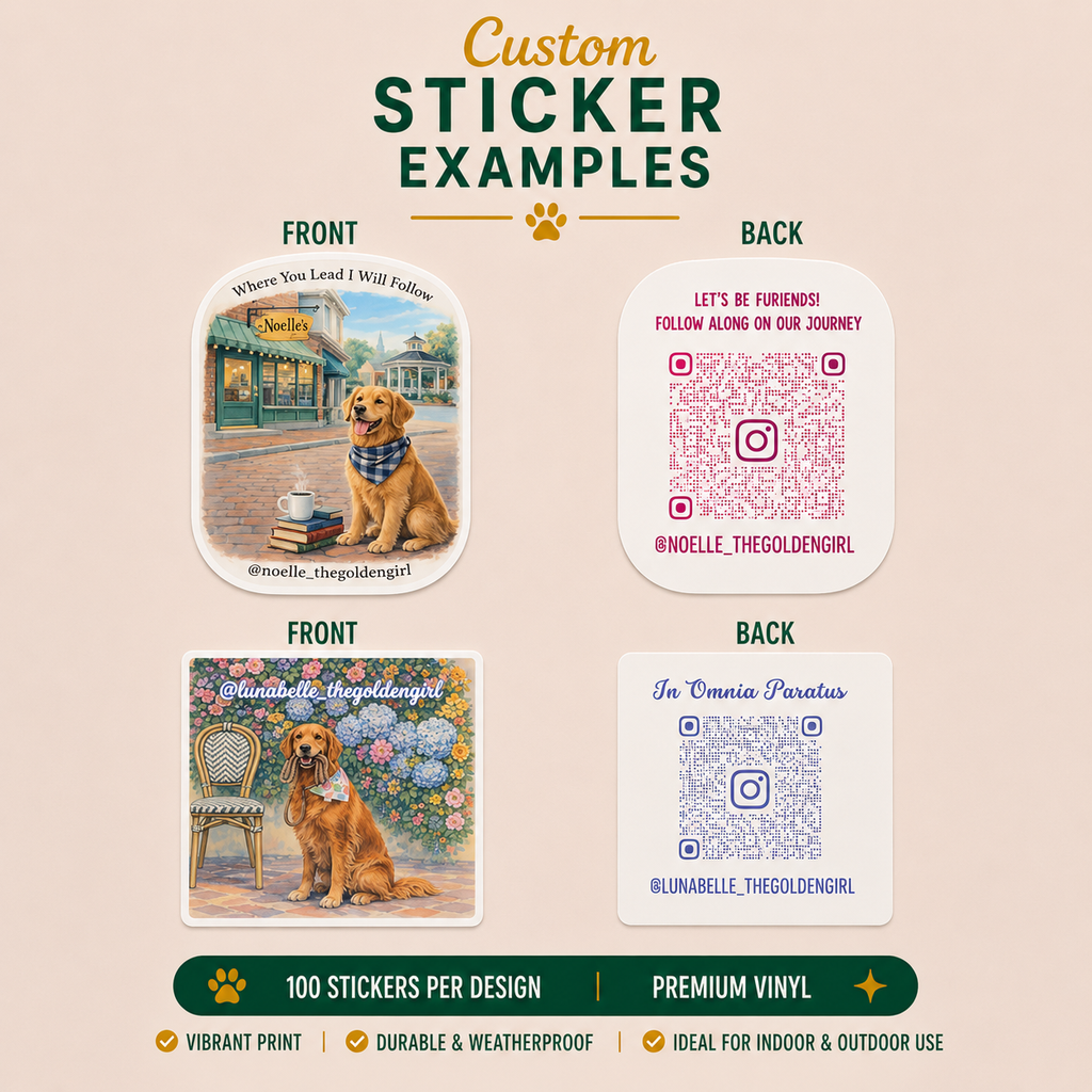 Custom golden retriever vinyl sticker examples featuring illustrated dog artwork, aesthetic pet portraits, Instagram QR codes, and front-and-back sticker branding designs for dog accounts and pet businesses.