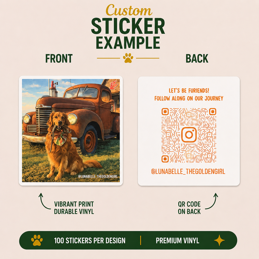 Custom golden retriever sticker example featuring Lunabelle The Golden Girl with vintage truck artwork, front and back views, square vinyl sticker design, Instagram QR code backing, premium durable pet sticker, and retro aesthetic dog sticker mockup.