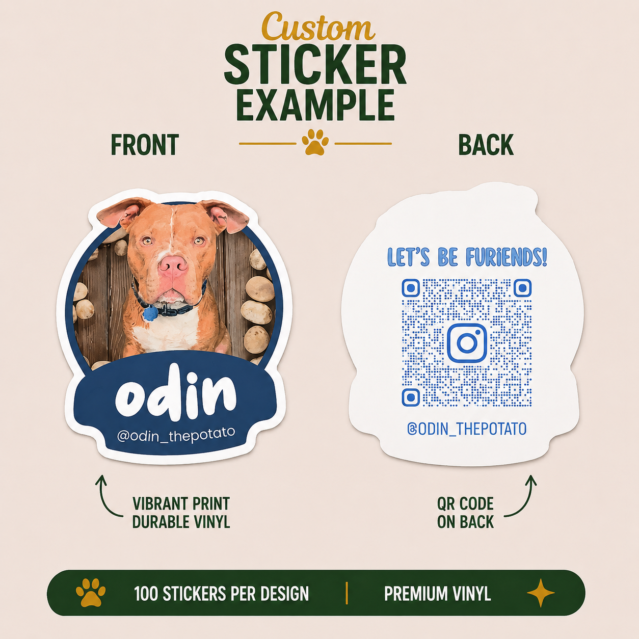 Custom pitbull dog sticker example featuring Odin The Potato with front and back views, blue-themed die-cut vinyl sticker, Instagram QR code backing, premium durable sticker print, and custom pet sticker mockup for social media branding.