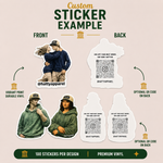 Custom sticker bundle featuring Hatty Apparel artwork with front and back views, die-cut vinyl stickers, apparel-inspired illustration designs, Instagram QR code backing, premium durable sticker prints, and branded promotional sticker mockup.