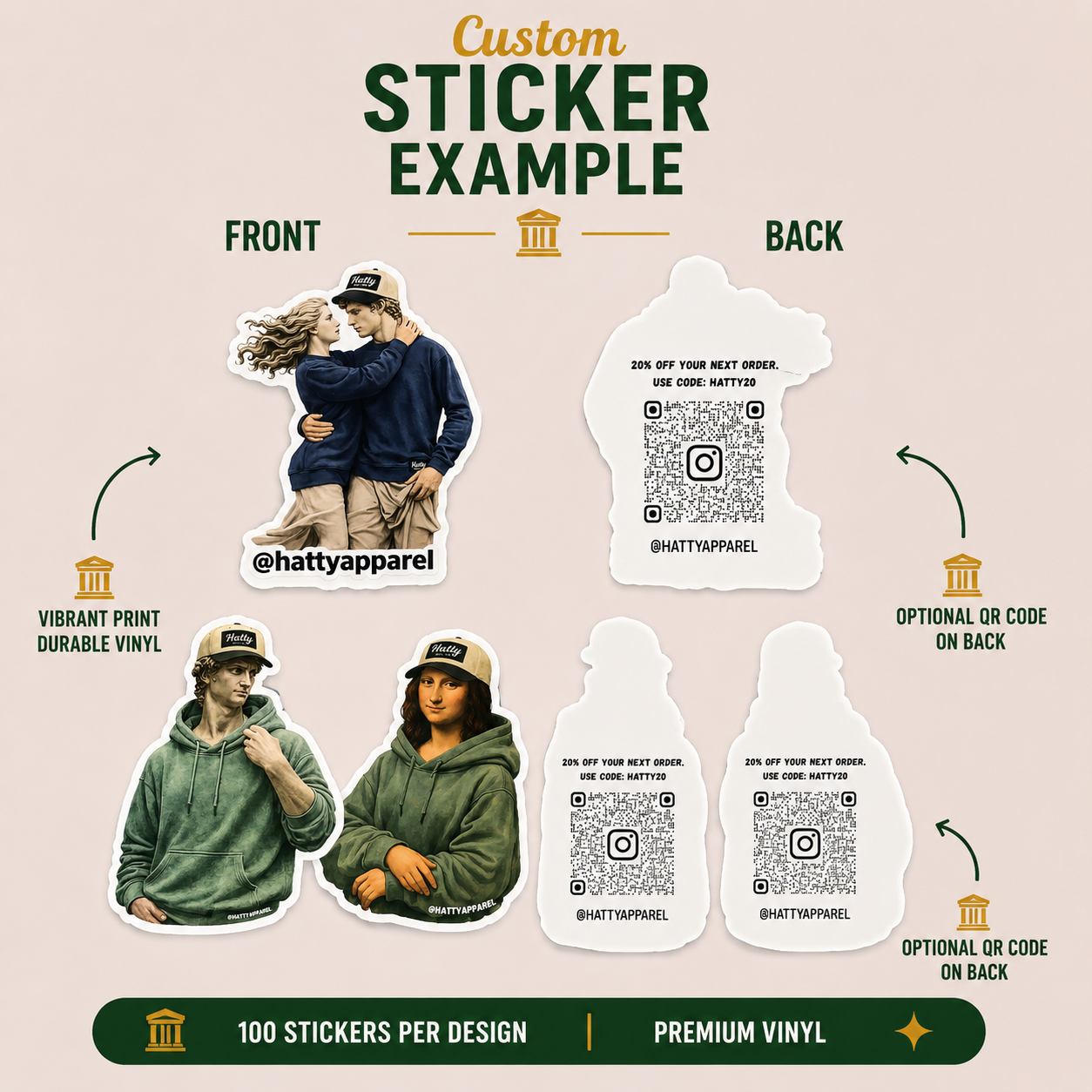 Custom sticker bundle featuring Hatty Apparel artwork with front and back views, die-cut vinyl stickers, apparel-inspired illustration designs, Instagram QR code backing, premium durable sticker prints, and branded promotional sticker mockup.
