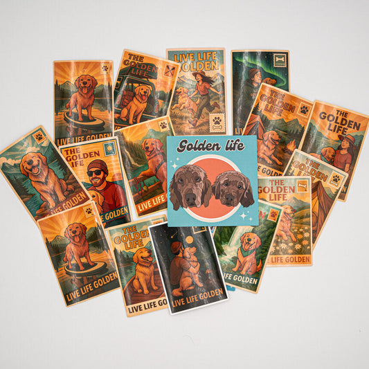 Example of custom vinyl sticker designs featuring golden retrievers, outdoor adventure themes, and vintage-inspired artwork. Each order includes 100 stickers of one custom design.