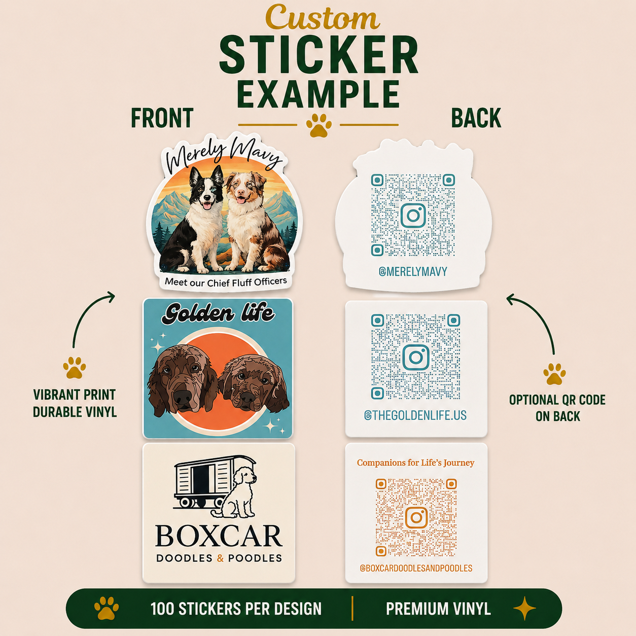 Custom dog business vinyl sticker examples featuring illustrated pet logos, QR code backs, social media branding, and durable vinyl sticker designs for pet brands and dog businesses.