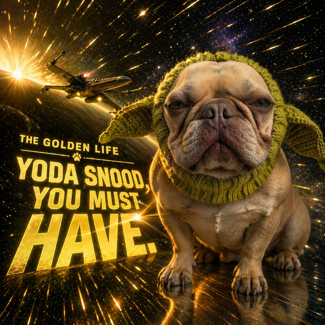 French bulldog wearing green knit dog snood with ears in a space-themed promotional image with bold text