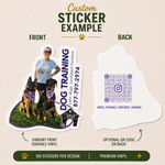 Dog training business sticker featuring a female trainer with working dogs in a professional promotional vinyl sticker design.