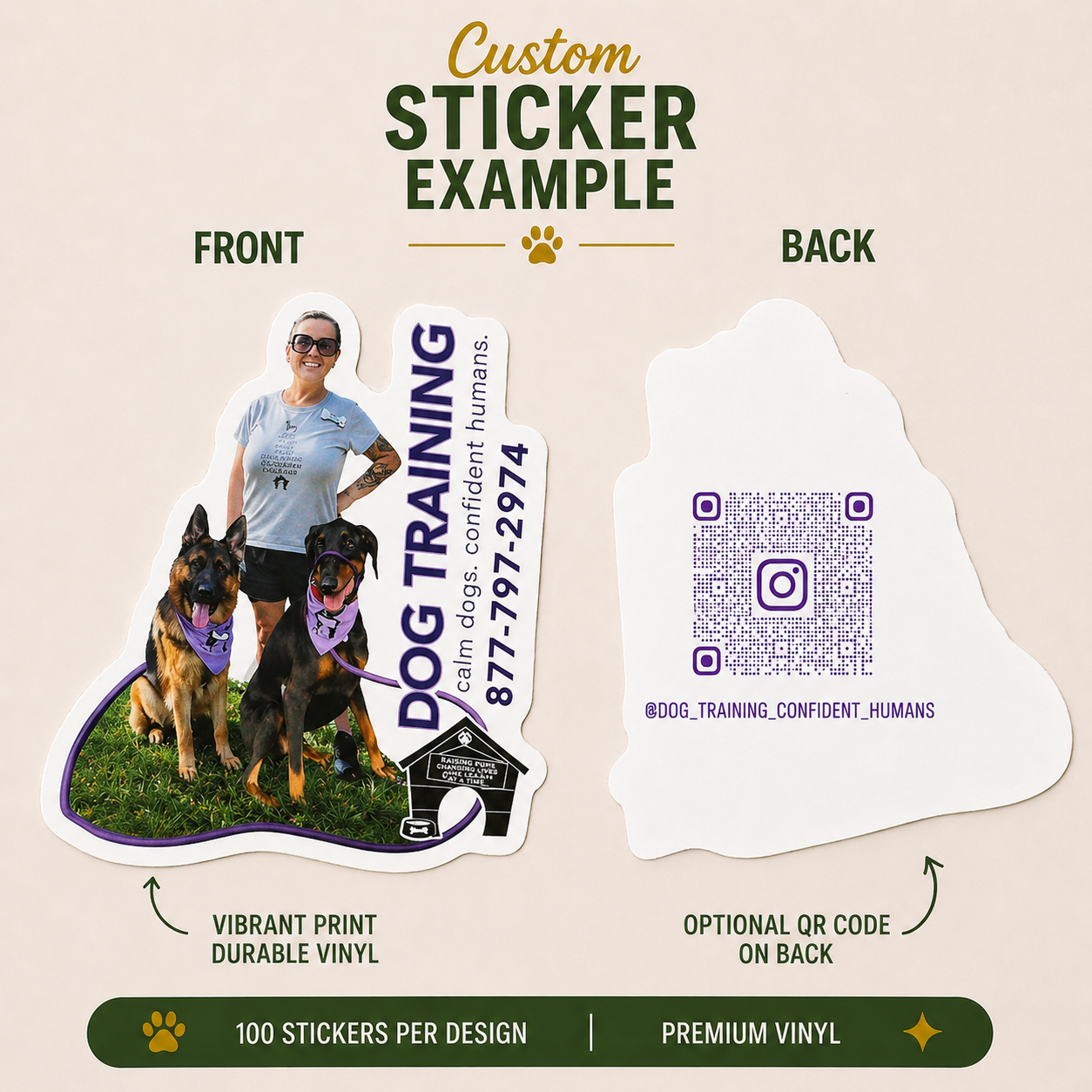 Dog training business sticker featuring a female trainer with working dogs in a professional promotional vinyl sticker design.