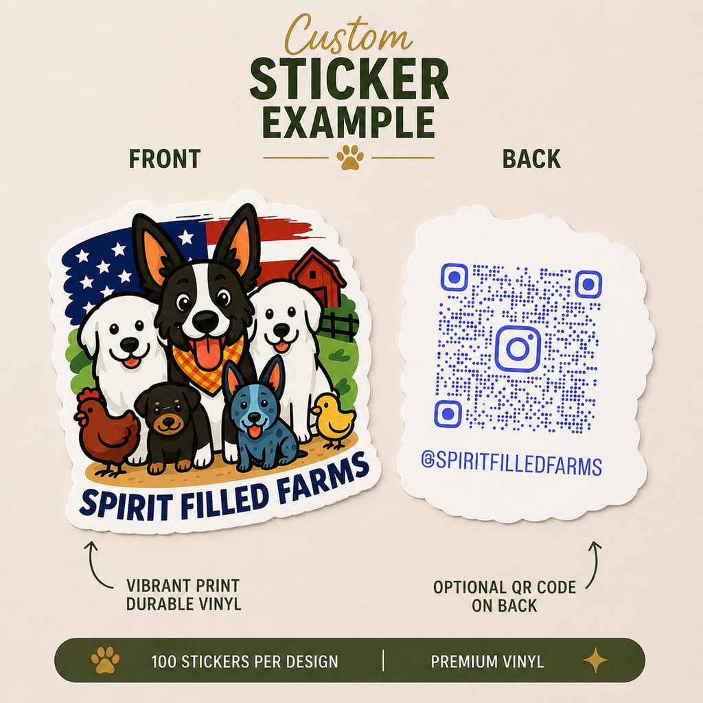 Cute cartoon-style vinyl sticker featuring farm dogs, chickens, ducks, and livestock with colorful country farm artwork and patriotic background elements.