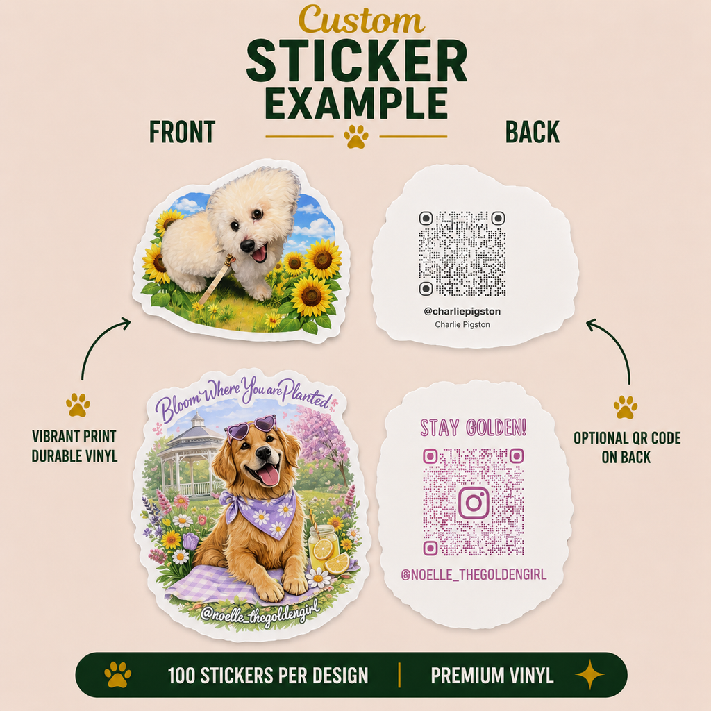 Custom floral dog vinyl sticker examples featuring golden retriever and fluffy white dog illustrations, sunflower and spring garden artwork, Instagram QR codes, and front-and-back pet branding sticker designs.