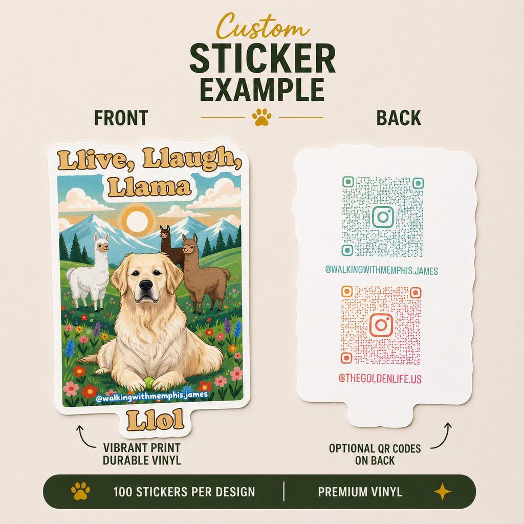 Funny vinyl sticker featuring a golden retriever sitting in a colorful mountain meadow with llamas and retro-style “Live, Laugh, Llama” artwork.