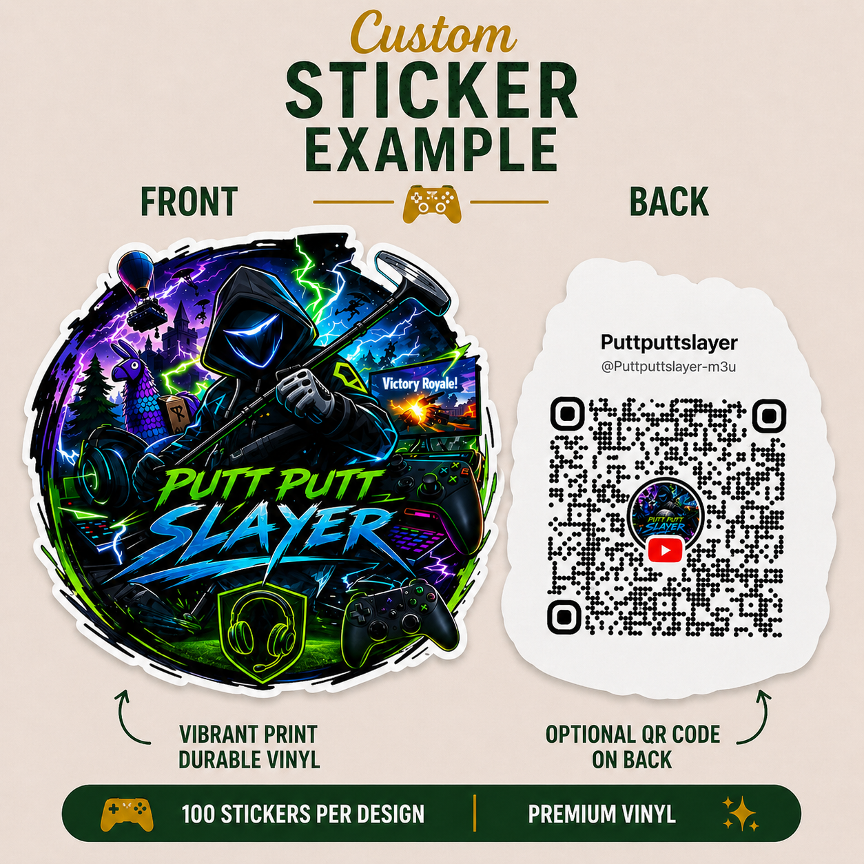 Die-cut gaming vinyl sticker featuring streamer branding, neon esports artwork, hooded character illustration, and retro arcade inspired graphics.