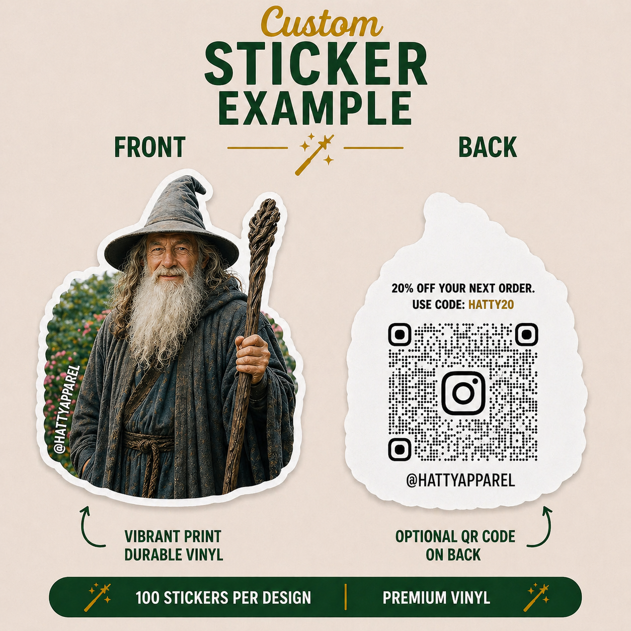 Fantasy wizard die-cut sticker with medieval aesthetic, long beard, staff, magical character artwork, and durable vinyl finish.
