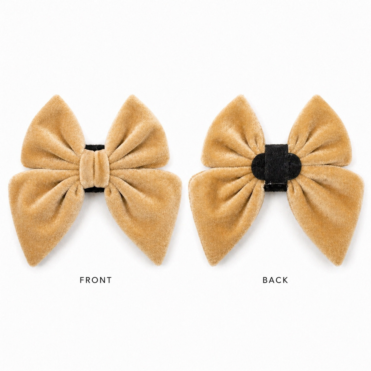 Gold velvet dog bow in golden hour color showing front and back on a white background