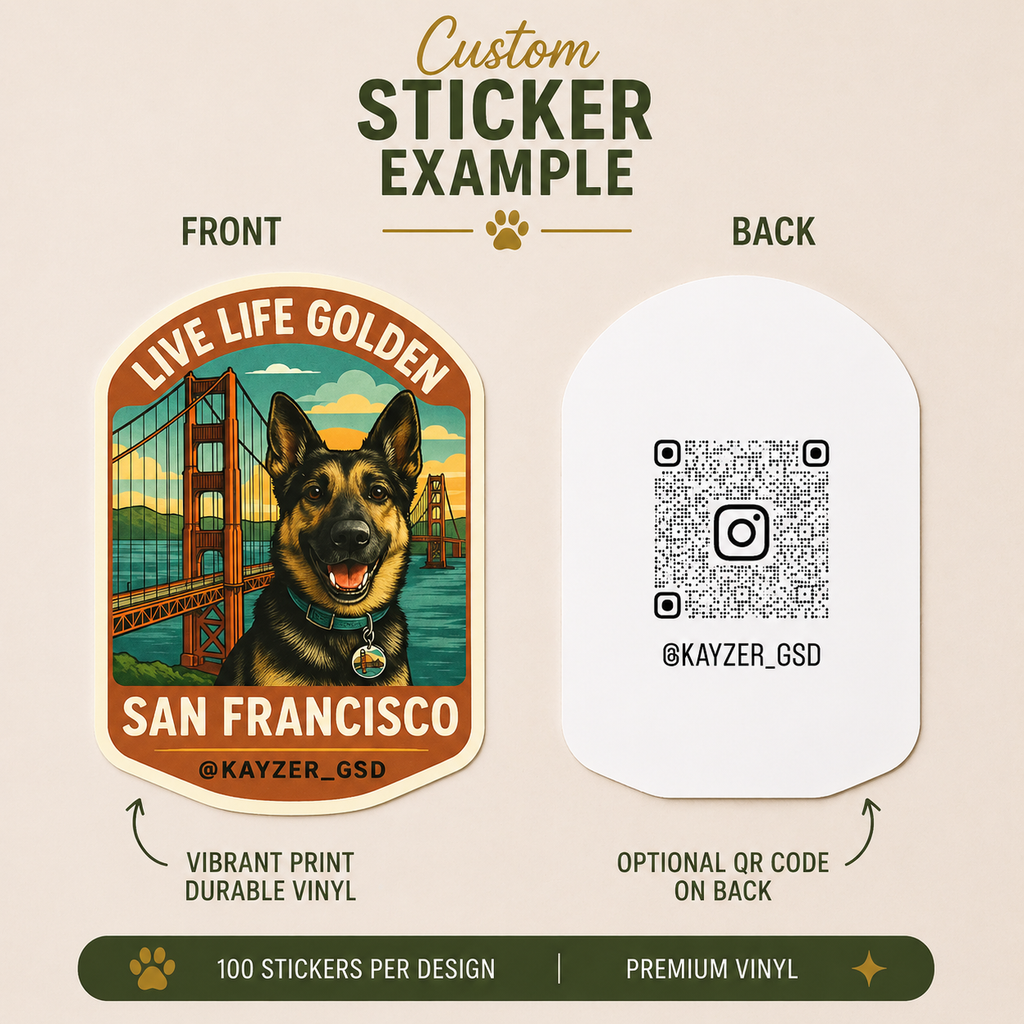 Vintage travel poster style vinyl sticker featuring a German Shepherd in front of the Golden Gate Bridge with retro San Francisco artwork and California adventure aesthetic.