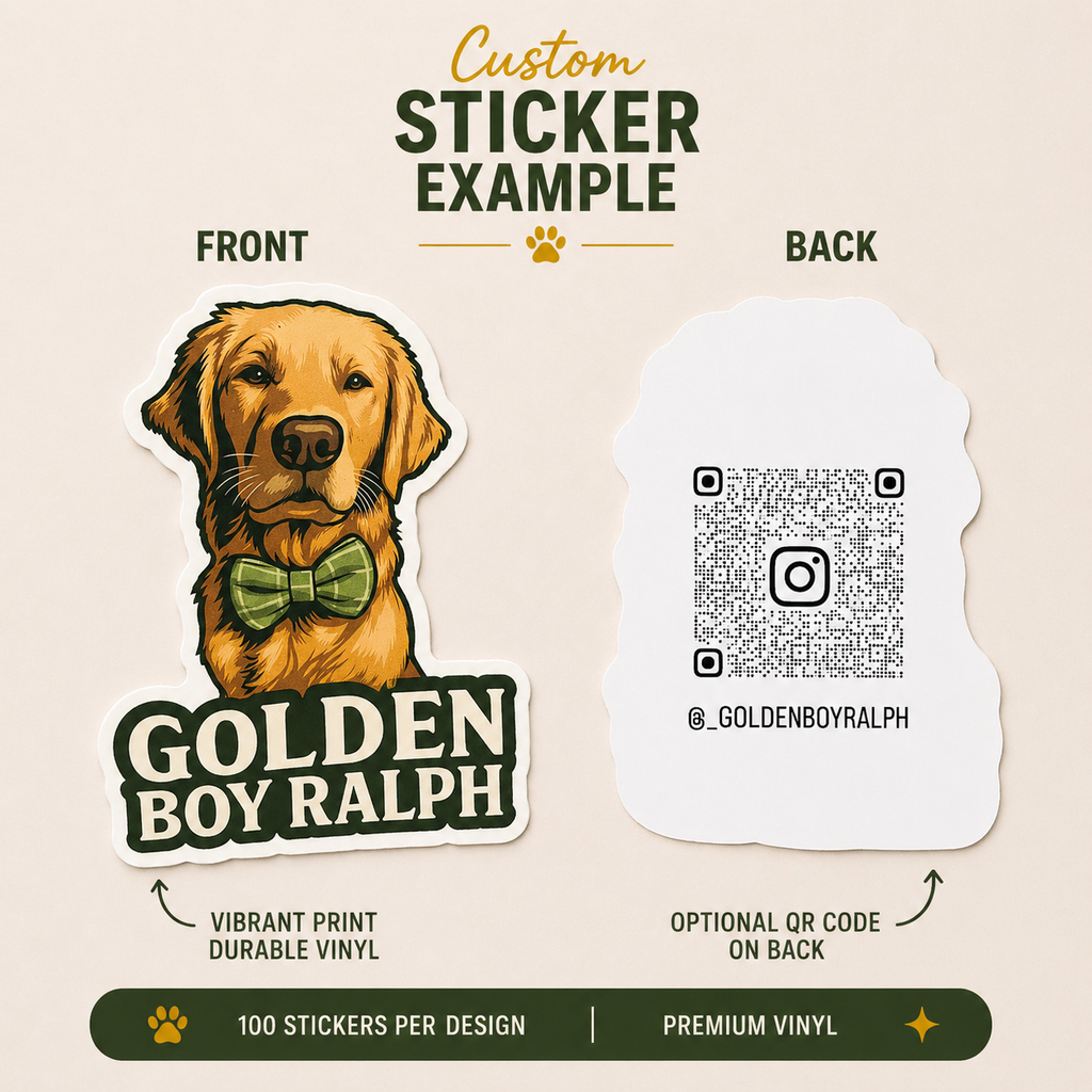 Custom golden retriever sticker with vintage-inspired artwork, green bow tie details, and durable die-cut vinyl finish.