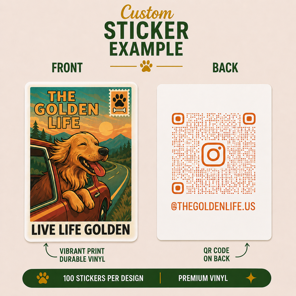 Vintage-style golden retriever vinyl sticker featuring a happy dog riding in a car on a scenic mountain road with retro travel poster inspired artwork and outdoor adventure aesthetic.