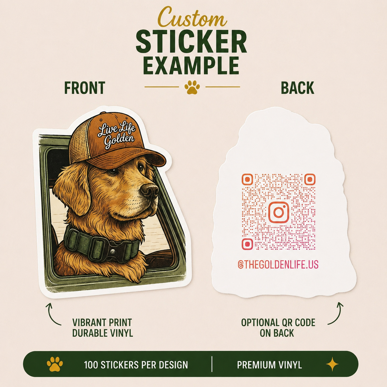 Vintage-style vinyl sticker featuring a golden retriever wearing a “Live Life Golden” trucker hat while riding in a vehicle window with outdoor adventure aesthetic.