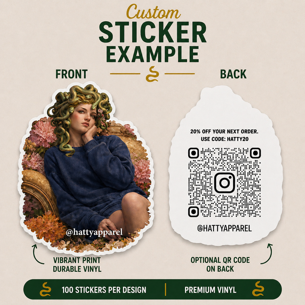 Die-cut Medusa inspired vinyl sticker featuring a woman with snake hair surrounded by floral artwork and dark mythology aesthetic styling.